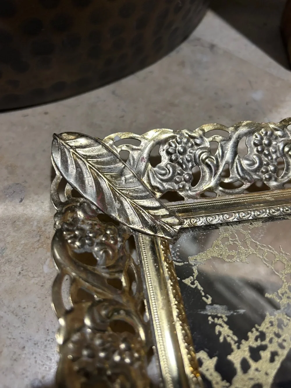 Ornate Vintage Hollywood Regency Gold Filigree Mirrored Vanity Tray